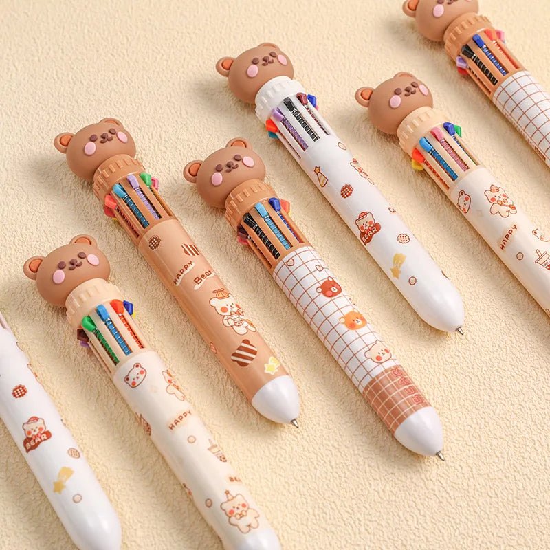 10 Colors Ballpoint Pen Cartoon Bear 0.5mm Colorful Ink Gel Pens Silicone Kawaii Pens School Office Supplies Korean Stationery - Ammpoure Wellbeing