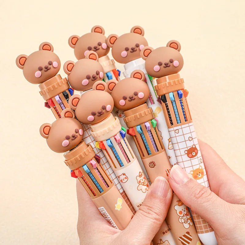 10 Colors Ballpoint Pen Cartoon Bear 0.5mm Colorful Ink Gel Pens Silicone Kawaii Pens School Office Supplies Korean Stationery - Ammpoure Wellbeing