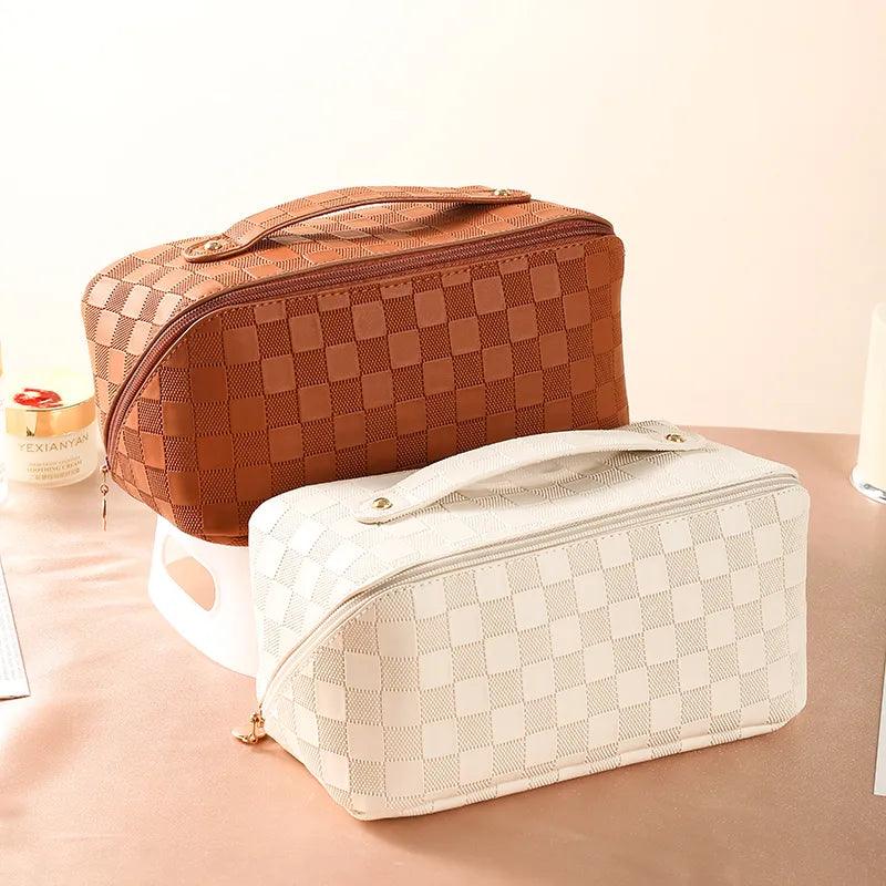 New Plaid Cosmetic Bag PU Pillow Makeup Pouch Women’s Large - Capacity Luxury Wash Bag Multifunctional Travel Toiletry Kit Handbag - Ammpoure Wellbeing