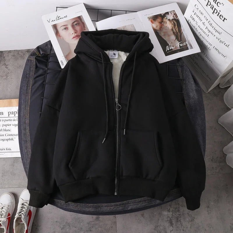 Ready Stock Women Coat Plush Jackets Solid Color Velvet Thick Warm Winter Hoodies Coat Zipper Sweatshirt Tops Winter Plus Size - Ammpoure Wellbeing