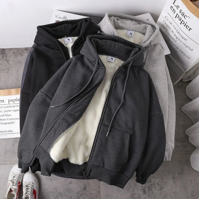 Ready Stock Women Coat Plush Jackets Solid Color Velvet Thick Warm Winter Hoodies Coat Zipper Sweatshirt Tops Winter Plus Size - Ammpoure Wellbeing