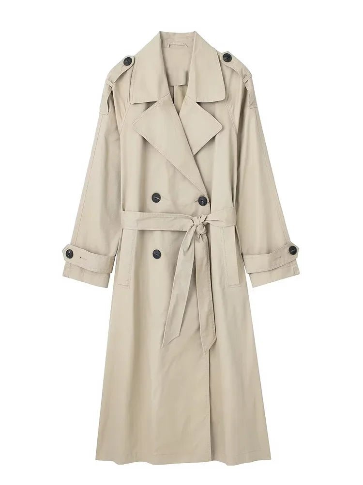 Women Fashion With Belt Solid Double Breasted Trench Vintage Lapel Neck Long Sleeves Female Chic Lady Outfits - Ammpoure Wellbeing